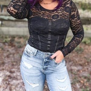 NWT White Birch Black Lace long sleeve Bodysuit